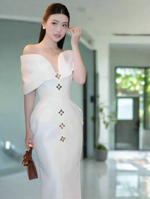 High-Waisted Evening Gown with Asymmetrical Neckline and Slit Detail