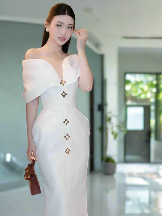 High-Waisted Evening Gown with Asymmetrical Neckline and Slit Detail