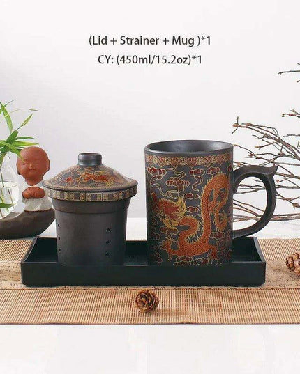 Handcrafted Purple Clay Dragon Teacup with Strainer & Lid - Unique Yixing Zisha Mug