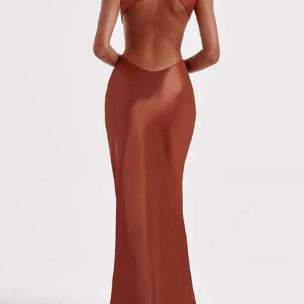 Satin Backless Bodycon Sexy Maxi Dress Women High Elastic Satin O Neck Sleeveless