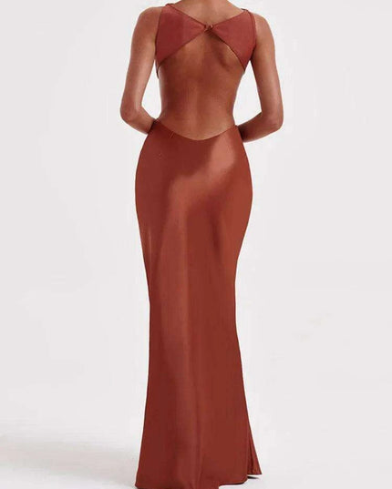Satin Backless Bodycon Sexy Maxi Dress Women High Elastic Satin O Neck Sleeveless