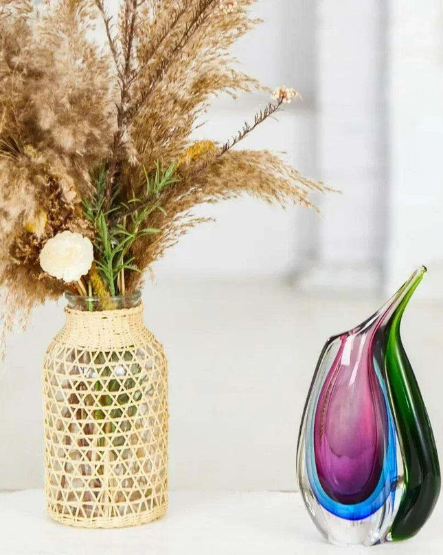 Vibrant Handcrafted Sommerso Glass Teardrop Vase - 9.5" Artistic Centerpiece