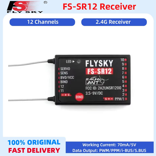 FlySky FS-SR12 12-Channel 2.4GHz ANT Receiver — Dual Antenna for Drone, Fixed Wing, Car & Boat