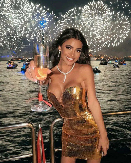 Glistening Gold Sequin Strapless Bodycon Mini Dress for Women