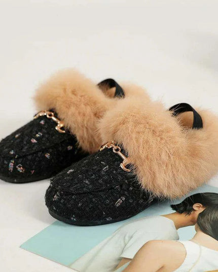 Charming Kids Black Fur Slip-On Slippers - Cozy Outdoor Slides for Boys and Girls