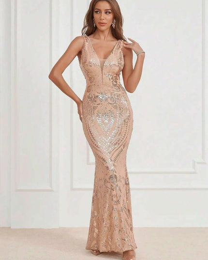 Glamorous V-Neck Halter Sequin-Studded Slim-Fit Evening Dress for Women