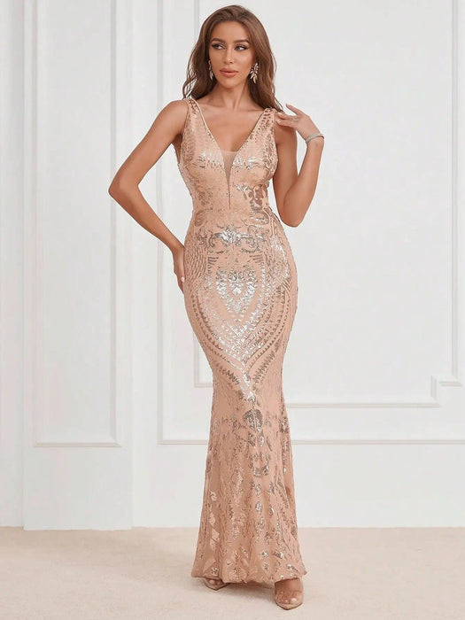 Glamorous V-Neck Halter Sequin-Studded Slim-Fit Evening Dress for Women