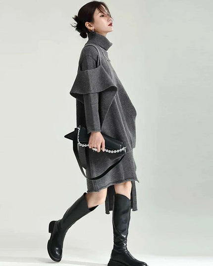 Trendy Women's Asymmetrical Gray Knit Turtleneck Dress - Loose Long Sleeve for Spring & Autumn 2024