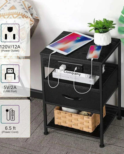 Modern Black Nightstand Set with USB Charging and Power Outlets - 2 Piece