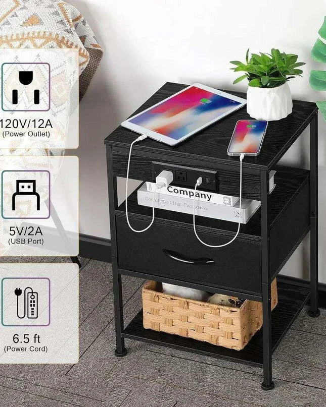 Modern Black Nightstand Set with USB Charging and Power Outlets - 2 Piece