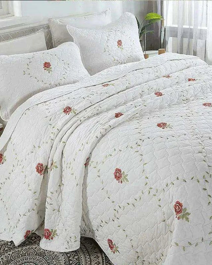 Floral Embroidered Oversized Queen Cotton Bedspread Set with Pillow Shams
