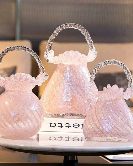 Charming Pink Glass Handbag Vase with Playful Curvy Handle