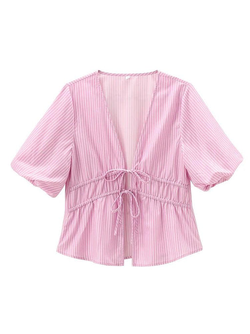 Trendy Striped V-Neck Top with Adorable Bow Detail