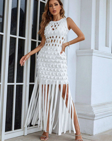 Chic White Tassel Bodycon Dress for Summer Soirees