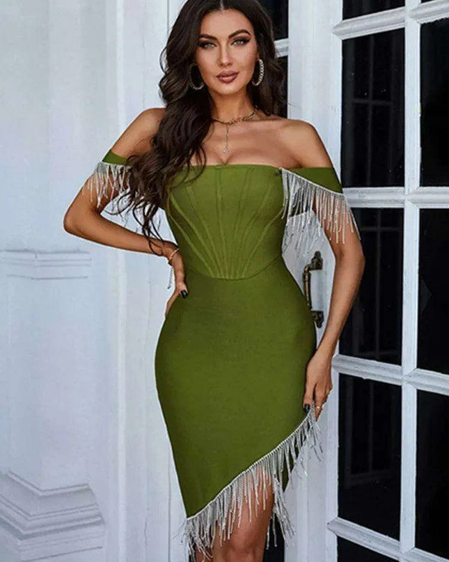 Chic Army Green Off Shoulder Mini Dress with Striking Red Accents - Summer 2023 Glam Collection