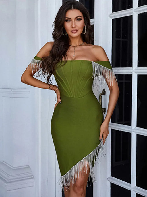 Elegant Army Green Off Shoulder Bodycon Dress with Red Diamonds - Summer 2023 Collection