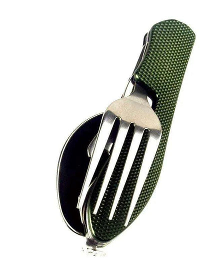 Multi-Functional Outdoor Dining Utensil Set: Fork, Spoon, Knife & Bottle Opener for Campers and Hikers