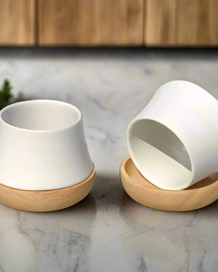 Elegant Porcelain Tea Mug Set with Chic Wooden Coasters - Perfect for Kung Fu Tea, Coffee, and Wine, Available in Single, Double, or Quad Sets