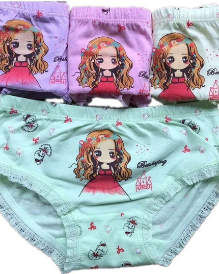 4 pcs Girls' Cotton Briefs Collection - Soft, Breathable & Playful Patterns for Kids