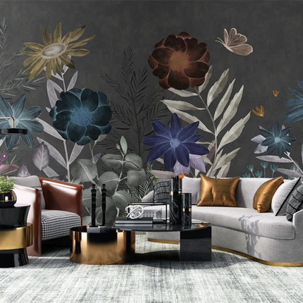 Dark Botanical Floral Mural Wallpaper — Custom Size | Très Élite