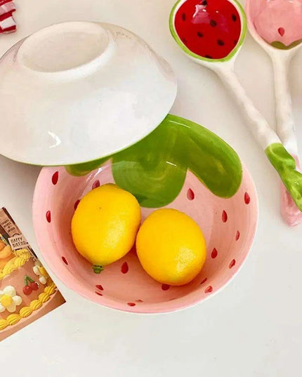 Vibrant Fruit-Themed Handcrafted Ceramic Ramen Set with Artisan Spoon and Bowl