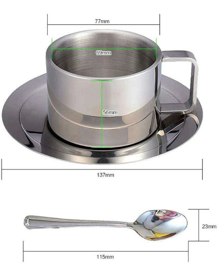 Elegant Double-Walled Stainless Steel Coffee Cup Set with Saucer and Spoon - Perfect Gift for Coffee Lovers