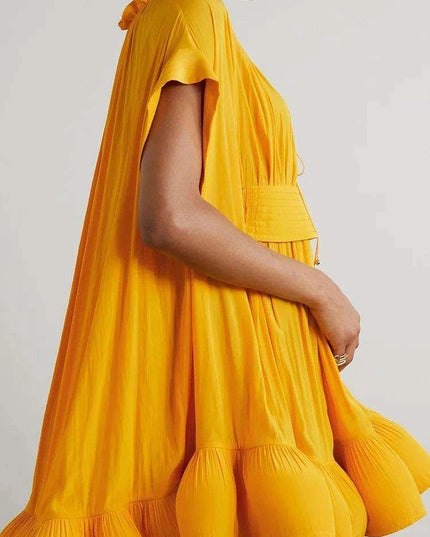 Stylish Asymmetrical Yellow Mini Dress with Statement Balloon Sleeves for Women - Perfect for Sophisticated Evening Gatherings