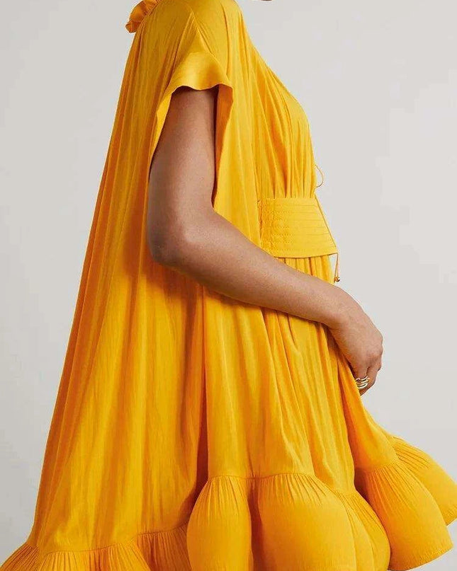 Stylish Asymmetrical Yellow Mini Dress with Statement Balloon Sleeves for Women - Perfect for Sophisticated Evening Gatherings