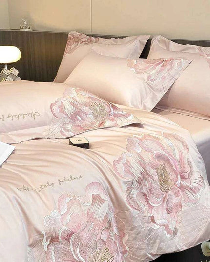 Elegant Floral Embroidery Cotton Bedding Collection - 4-Piece Duvet Cover Set with Sheets and Pillowcases in Soft Pink, Gray, and Blue