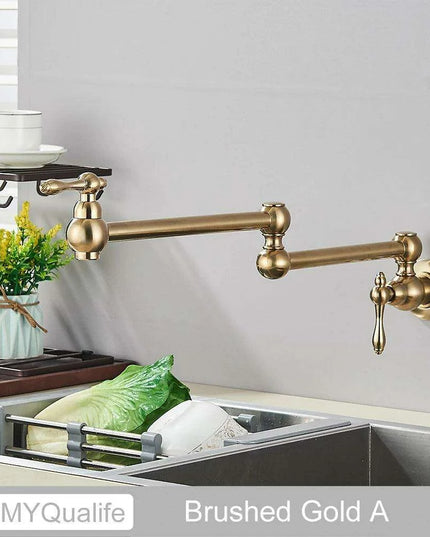 Sleek Brushed Gold Brass Wall-Mounted Pot Filler Faucet for a Chic Kitchen Upgrade