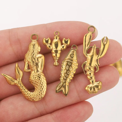 5PCS Stainless Steel Lobster Charms Mermaid Crab Connectors Gold-Plate