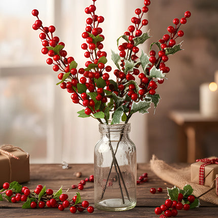52cm Christmas Red Holly Berries Branch with Green Leaves Fake Berry DIY Garland Xmas Tree Ornaments Festival Party Home Decor 52cm-christmas-red-holly-berries-branch-with-green-leaves-fake-berry-diy-garland-xmas-tree-ornaments-festival-party-home-decor