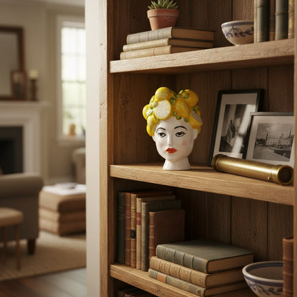 Hand Drawn Lemon Relief Ceramic Vase, Lemon Girl Desktop Flower Vase,
