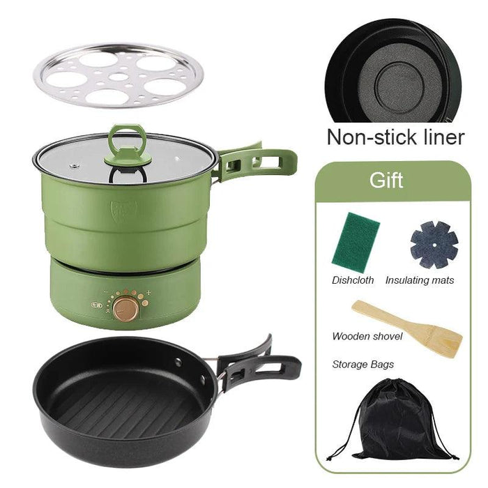 Compact Travel Multicooker: Foldable 110V/220V Cooking System for Frying, Steaming, and More