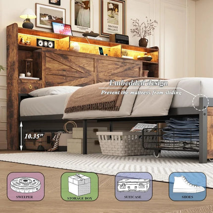 Shop1105673279 Farmhouse King Bed Frame with LED Lights & Storage Draw