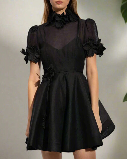 Customizable Black A-Line Mini Cocktail Dress with Floral Embellishments and High Neck