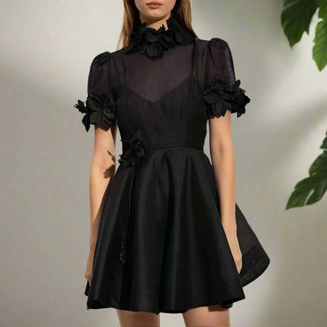 Customizable Black A-Line Mini Cocktail Dress with Floral Embellishments and High Neck