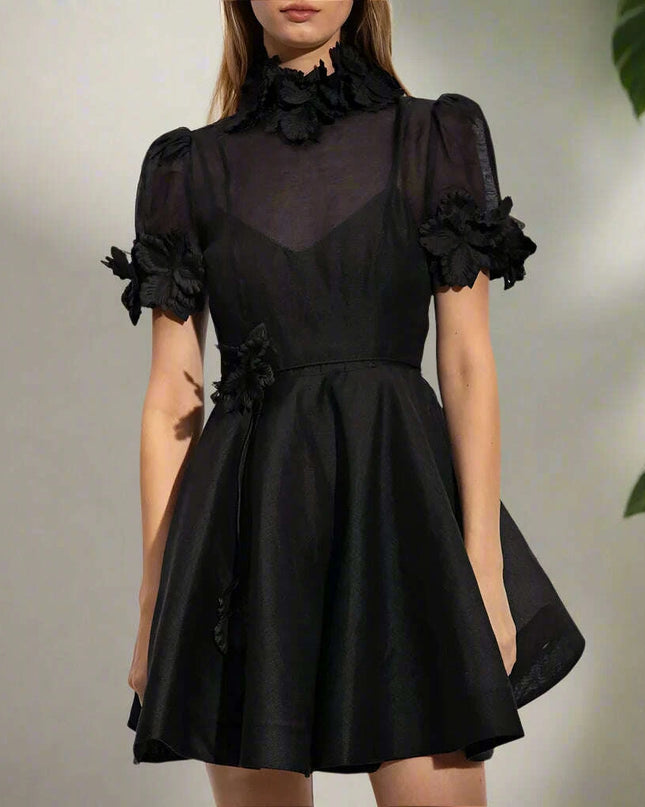 Customizable Black A-Line Mini Cocktail Dress with Floral Embellishments and High Neck