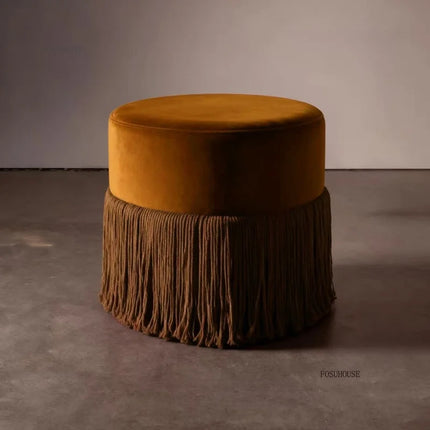Velvet Ottoman Footstool — Upholstered Fringe Bench & Shoe Stool