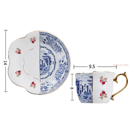 Retro Blue & White Rose Ceramic Mug — Gold Accent Irregular Design