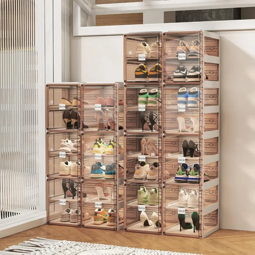 Clear Brown Shoe Storage Cabinet with Fast Assembly and Easy View Doors - 6 Tier Shoe Rack Organizer