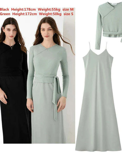 High-Stretch Ribbed Wrap Top & Matte Satin Maxi Dress Ensemble for Women
