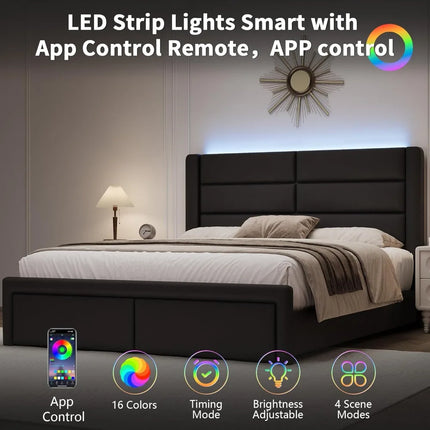 Queen Upholstered Bed Frame with LED Lights, Faux Leather, No Box Spring Needed, Black queen-upholstered-bed-frame-with-led-lights-faux-leather-no-box-spring-needed-black