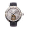 Front view of silver-toned open-heart wristwatch with clear accents and black strap