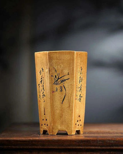 Elegant Hexagonal Ceramic Planter Inspired by Traditional Chinese Design for Succulents