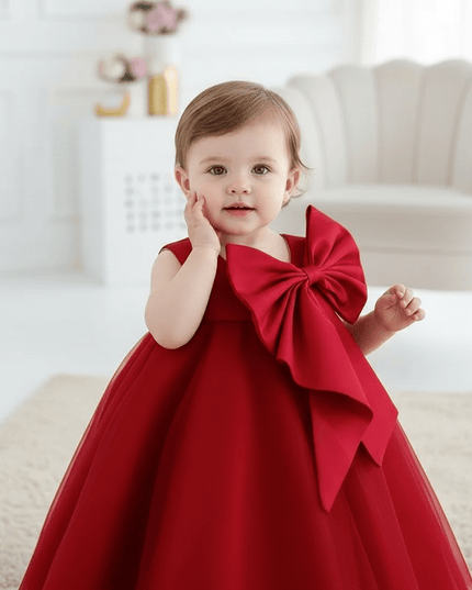 Korean-Inspired Elegant Big Bow Dress for Baby Girl's First Birthday Celebration 2023