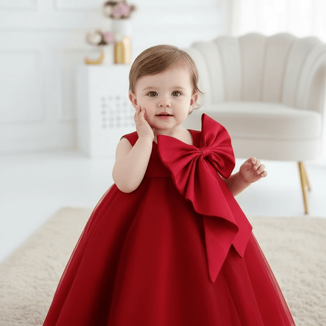 Korean-Inspired Elegant Big Bow Dress for Baby Girl's First Birthday Celebration 2023
