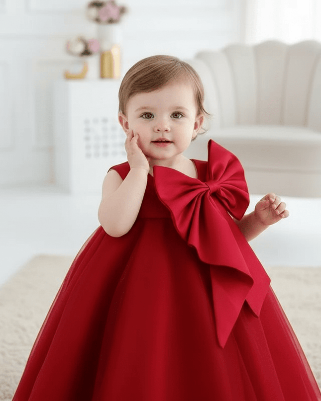 Korean-Inspired Elegant Big Bow Dress for Baby Girl's First Birthday Celebration 2023