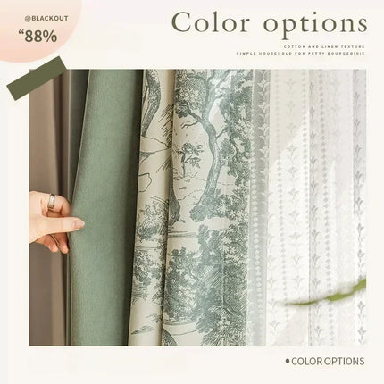 Jacquard Leaf Blackout & Sheer Curtains - Blue-Green Cotton Linen