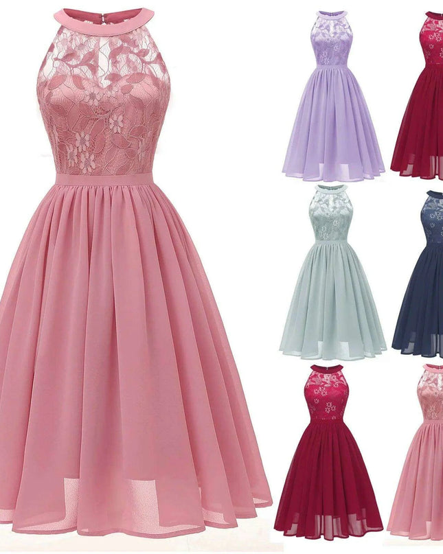 Chic Halter Neck Lace Chiffon Cocktail Dress for Summer Celebrations